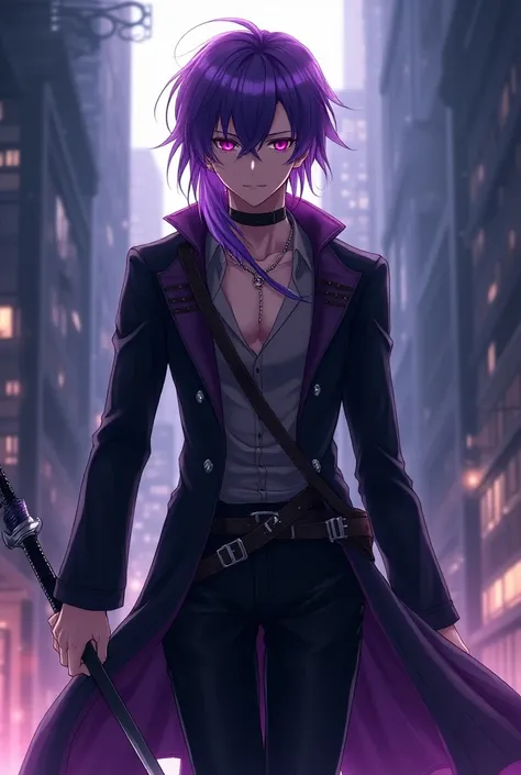 New anime character handsome dengerous cute body trident + sword purple violethair 