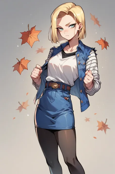 Android 18 is home and celebrating Thanksgiving. She wears a short pubic-length skirt, black tights and a short blouse. 