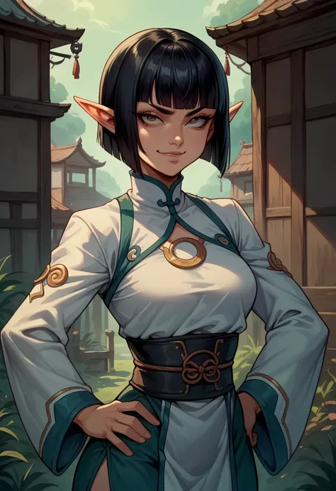 score_9_presence, score_8_up, score_7_up, 1female elf, narrow eyes, Asian eyes, hime cut, short hair, black hair, scowl, smug smile, medium chest, wide upper body, thick hip, hand on hip