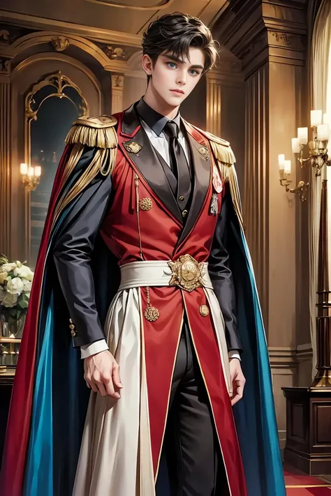 
masterpiece, 最high quality, high quality, 1 boy, alone, Male focus, Watching the audience,  Messy black hair, Adorable big blue eyes, White, Noble, Noble,A sexy, voluminous, puffy cape、tuxedo、A very voluminous, large, very large, very large, long, long re...