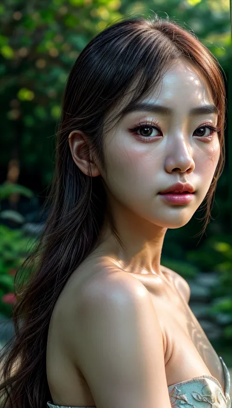 a beautiful korean girl, detailed face, beautiful eyes, long eyelashes, detailed lips, intricate hairstyle, graceful pose, elegant clothing, serene expression, outdoor garden setting, lush foliage, warm lighting, vibrant colors, detailed textures, (best qu...