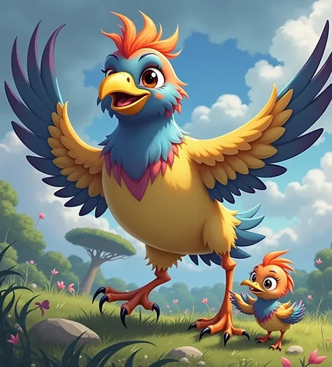 Please create a vibrant and joyful bird like the one in the picture I sent, and make sure it looks the same in all scenes. The main bird should be happy and supportive, teaching the eager younger bird, who is willing to learn. Make sure the expressions are...