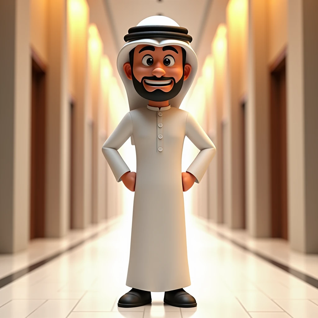 a realistic 3d character Young confident businessman or delegate in national Arabian attire standing in front of camera on long aisle inside business center with enthusiasm, showcasing its features in an engaging way, in the style of animated gifs, clean a...