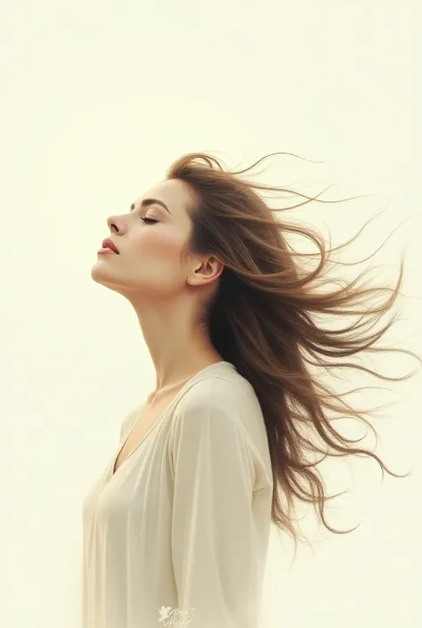 Face of a woman from the side looking at the sky with her eyes closed and with long hair and strong air in drawing mode 