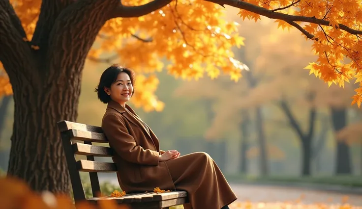  A Korean woman in her 50s is relaxing in front of an ancient ginkgo tree., Short medium-length hair. Walk through the woods, autumn, Stylish clothing , Tourist attractions,  style bright white and brown , brown clothes, coat,  unique facial features ,  co...