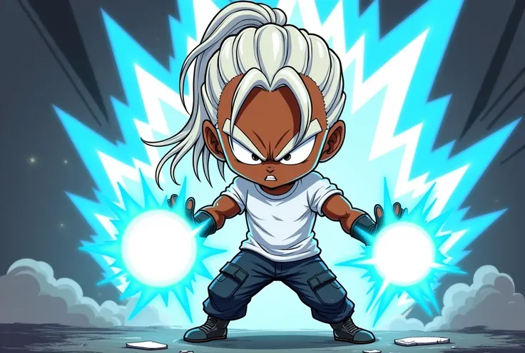  Create a chibi-style illustration /full-length cartoon ,  with the following characteristics :
- Character: a brown skinned man,   completely white and shiny eyes ,   white hair in dreadlocks style tied to a ponytail.   He wears an all-white t-shirt ,   b...