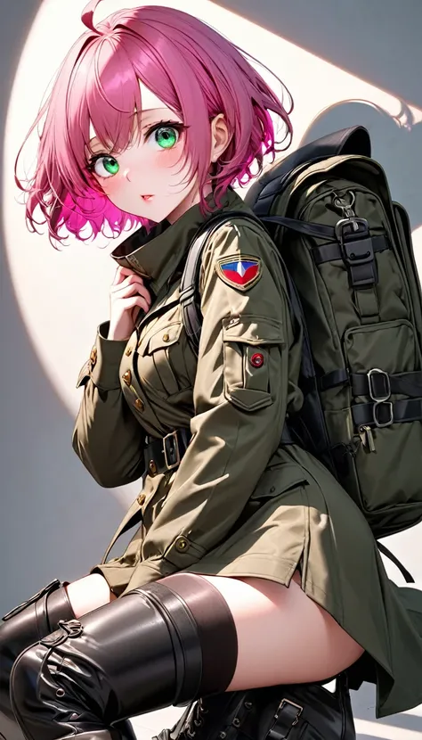 cool beauty, hot pink glossy silky disheveled short hair, ahoge, makeup, amorous and lewd expression, cortesy, elegance, dignity, captivating big round eyes, wearing dark green military long coat, black heavy engineer boots, brown huge military backpack, v...