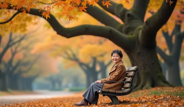  A Korean woman in her 50s is relaxing in front of an ancient ginkgo tree., Short medium-length hair. Walk through the woods, autumn, Stylish clothing , Tourist attractions,  style bright white and brown , brown clothes, coat,  unique facial features ,  co...