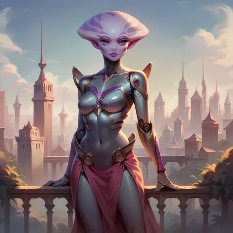  masterpiece ,  best quality ,  ultra high resolution ,  Realistic skin texture , Female alien, sexy, tight clothes,  white and purple color theme,  cybernetic armor , Tunica, city, metallic skirt, psionic powers , big head, Bifurcated legs