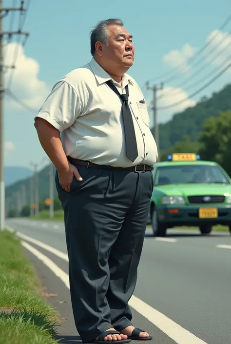 (((( Japanese))))、((((50 years old))))、(((( short hair ))))、((((Obese))))、(((( worn middle-aged man ))))、(Taxi Driver)、slacks、 white shirt、 loose necktie、 black nylon socks 、Black Sandals、 parking a green taxi on the side of the road 、((Is urinating))、((((...