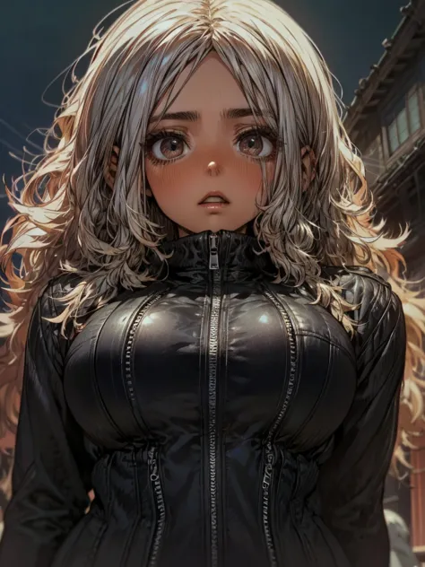 close-up of a dark-skinned woman, white hair, with a serious expression,  wearing a black leather jacket , and a black tube bra ...