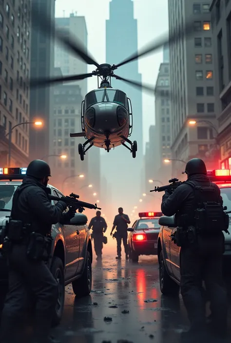  helicopter hovering above, casting a spotlight on the chaos below. Armed gang members are firing from behind cars, while some engage in hand-to-hand combat. The city skyline looms in the background, and sirens wail in the distance."