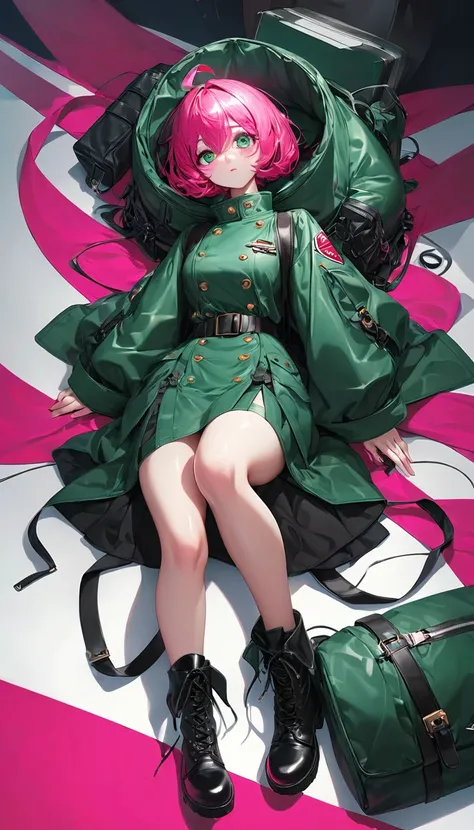 cool beauty, hot pink glossy silky disheveled short hair, ahoge, makeup, amorous and lewd expression, cortesy, elegance, dignity, captivating big round eyes, curvaceous, wearing dark green military long coat, black heavy engineer boots, brown huge military...