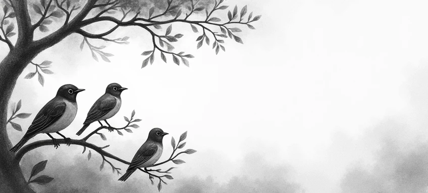 A serene, nature-inspired black-and-white illustration of birds in a tranquil environment. The design should feature birds perched on branches or in flight, with detailed feathers and natural shapes. The background can include soft, faded tree branches, le...