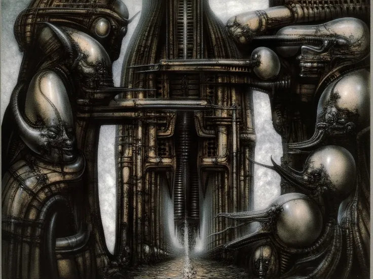 H. R. Gigers g1g3r, , Giger_style, The image is a detailed view of H.R. Gigers " NY City  " plate, featuring (  The image is a  Biomechanical Landscape charcoal drawing depicting close-up of a vertical city with pipes and metal structures, creating a sense...