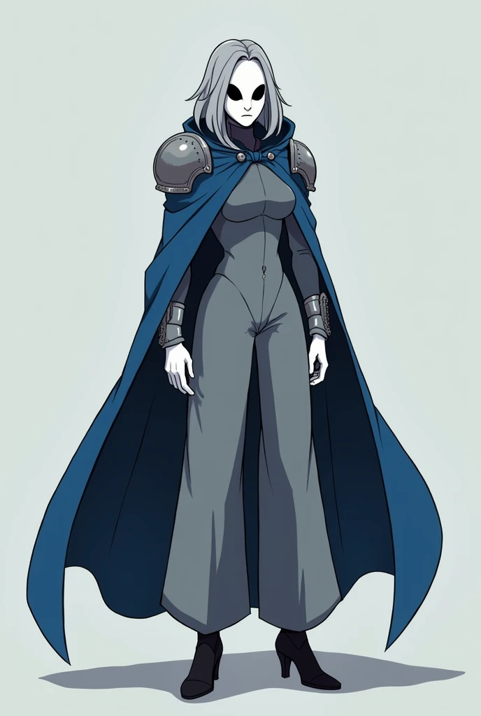 (1female, solo) faceless, white mask (white face mask, black eyes/) grey hair, grey clothing bodysuit, open wide trousers pants, pants touch boots, white gloves, black heels boots, blue long cape, cape covering whole body, shoulders armors, cape touch the ...