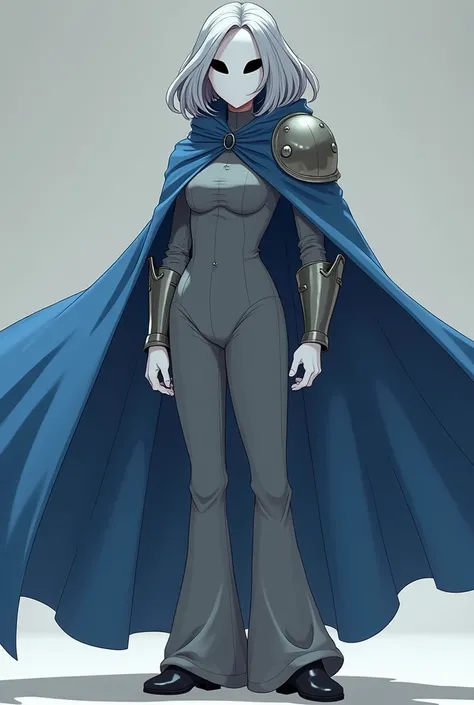 (1female, solo) faceless, white mask (white face mask, black eyes/) grey hair, grey clothing bodysuit, open wide trousers pants, pants touch boots, white gloves, black heels boots, blue long cape, cape covering whole body, shoulders armors, cape touch the ...