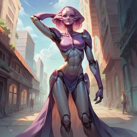  masterpiece ,  best quality ,  ultra high resolution ,  Realistic skin texture , Female alien, sexy, tight clothes,  white and purple color theme,  cybernetic armor , Tunica, city, metallic skirt, psionic powers , big head, Bifurcated legs