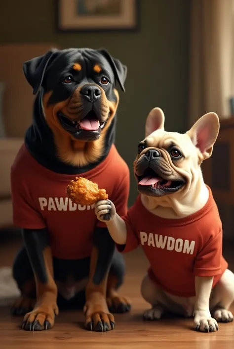 A playful scene featuring a large Rottweiler and a French Bulldog. The Rottweiler is cheerfully handing a chicken wing to the French Bulldog, who looks delighted. Both dogs are wearing matching shirts with a bold caption that reads PAWDOM on the front. The...