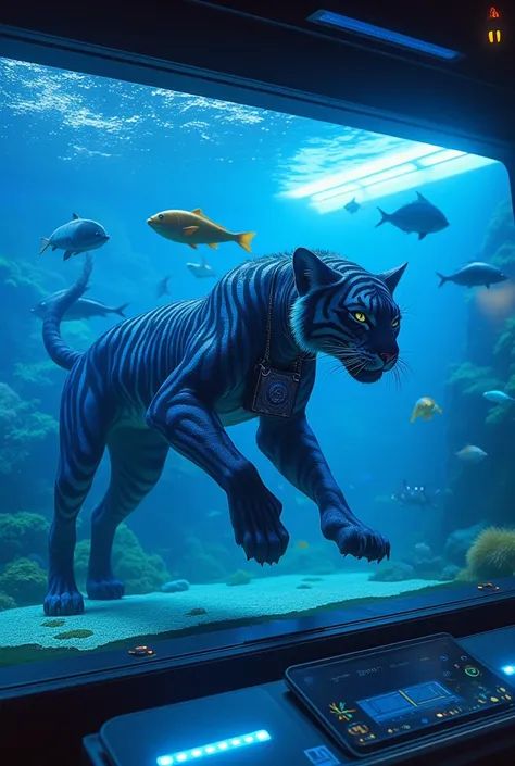 ne0nfant4sy, masterpiece, In a spacious pool installed inside a sci-fi spaceship there is a powerful aquatic creature, an Hydrofelis, a Water Tiger, an aquarine mammal with a streamlined feline body, webbed paws and a powerful tail that she uses to propel ...