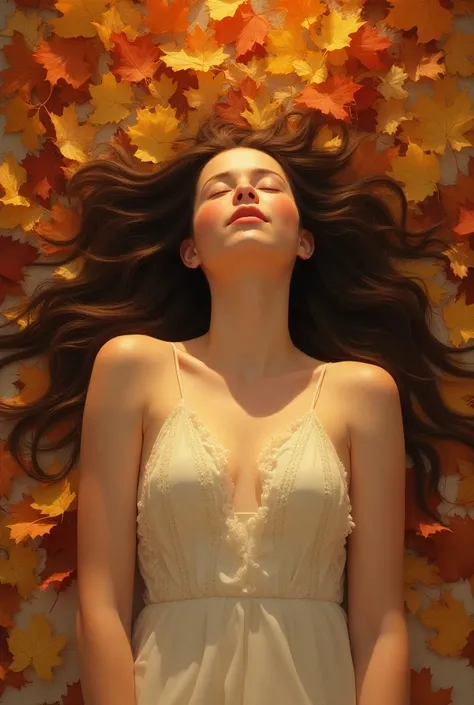 Image of a woman lying on dry, colored leaves with her hands outstretched looking at the sky with her eyes closed and a big smile and long hair and in drawing mode 