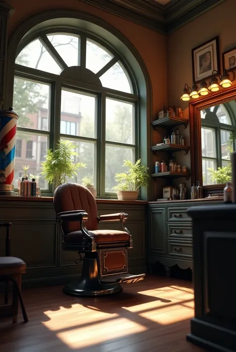 A barber shop with chair,window and decor in background 
