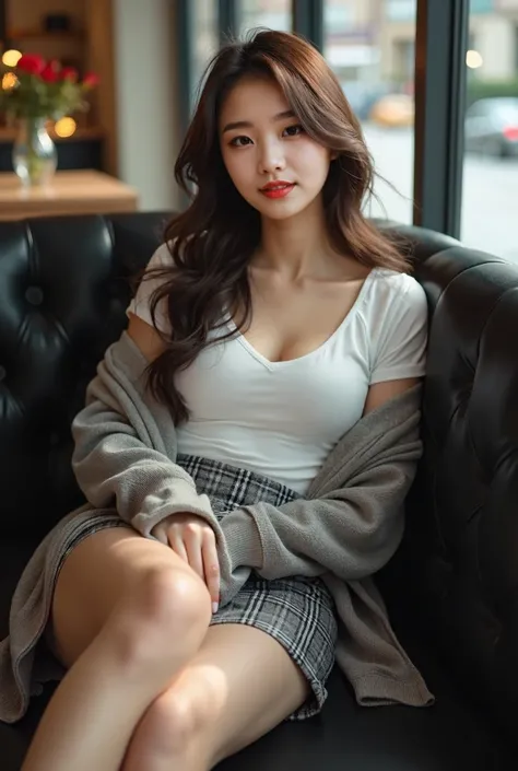 (( is the best quality, 8K, masterpiece: 1.3)),  beautiful Korean girl , Pure, Oval face, Kind and cute ,  faint smile, Pure desire,  slender body , (forward), (Tilting your head),  long brown wavy hair , Wind blows hair,  long and smooth shoulders ,  Big ...