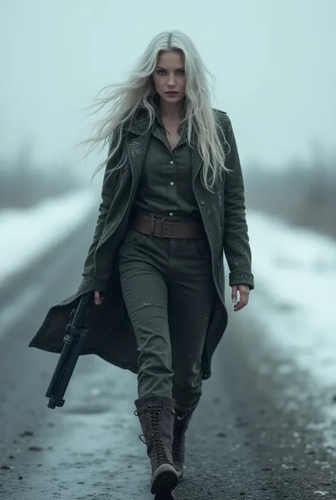  Beautiful woman with long white hair, dirty clothes, walking on the road, rain, gun in his hand, Snowing