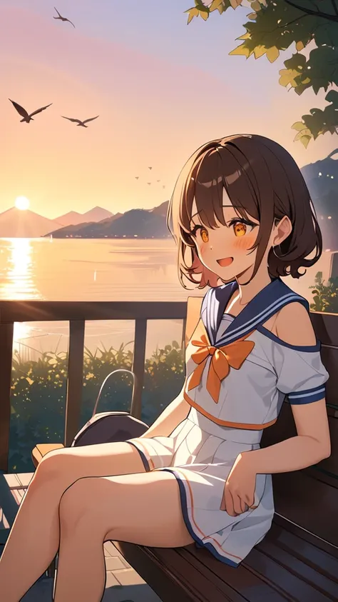 1 girl, ( cute face),  smiling ,  medium hair,  loose and fluffy curls ,  Pretty Girl Game Sailor Suit ,  flared skirt showing right shoulder, Small breasts, dreamy eyes , 少しおどけた表情  
break, Park at dusk, (Warm Light:1.2),  Orange Gradation, Heartwarming at...