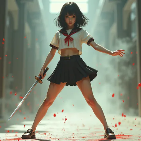 ExtremelyDetailed (Kuriyama Chiaki in Kill Bill), Only one Shiny KATANA called ONI KIRI, High definition face with Innocence, Haunting Beautiful Reflective Eyes, in Very Wide Stance and Low Posture, WholeBody Shot from Random ViewPoint, Wielding KATANA wit...