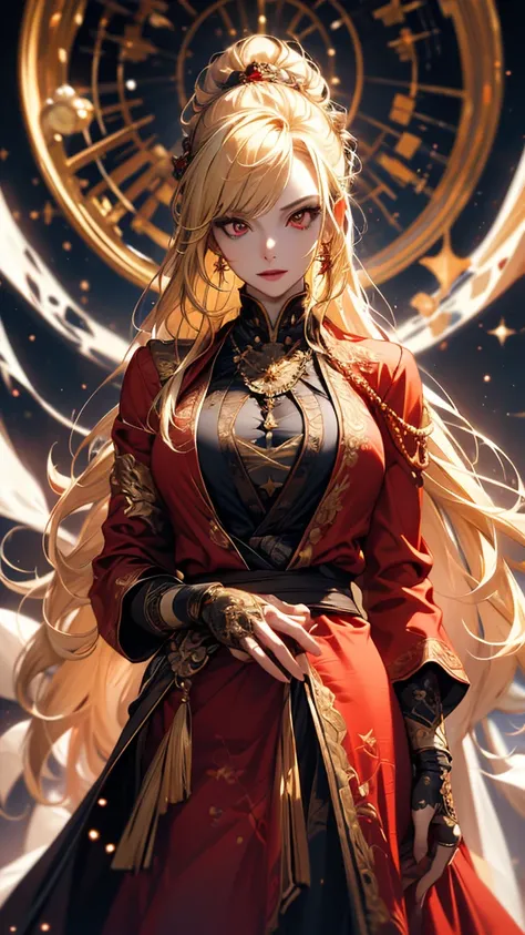 masterpiece,     high quality, 4K, Beautiful design,     silhouette    ，blonde， Highly detailed starry sky,       Extremely Knowledgeable Woman    , Highly detailed solo, 1 female,red eyes，Big Breasts， Red costume，