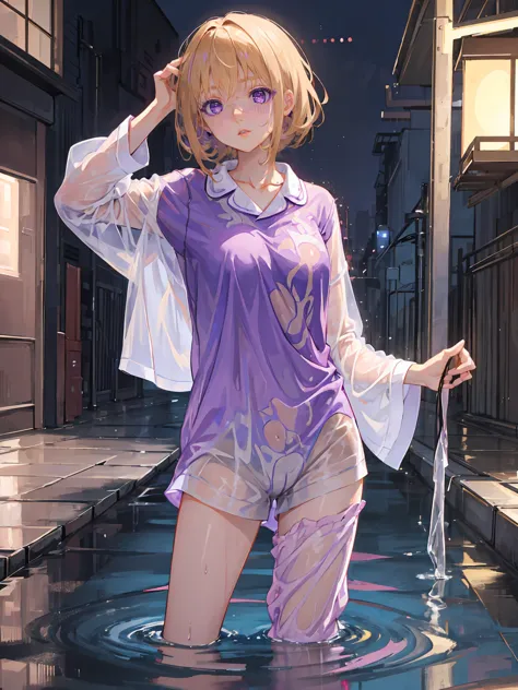 ((pyjamas are soaking wet)), ((deep purple eyes, bright eyes, detailed eyes)), (((patterned pyjamas, soaking wet short hair, hai...