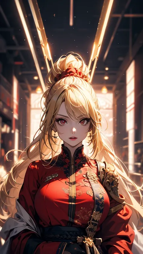 masterpiece,     high quality, 4K, Beautiful design,     silhouette    ，blonde， ponytail， Highly detailed starry sky,       Extremely Knowledgeable Woman    , Highly detailed solo, 1 female, Red Eyes，Big Breasts， Red costume，