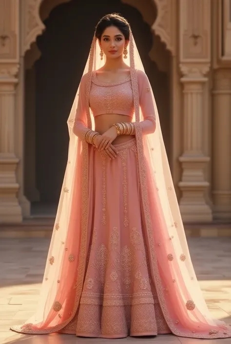 Skin lehnga with pink dupata