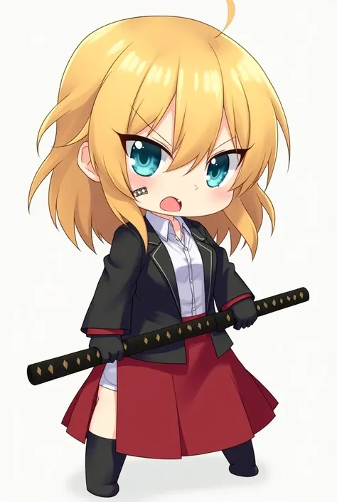 beautiful illustration, best quality,  chibi angry girl, perfect face, high quality, one girl, blonde hair, cyan eyes,wears black jacket suit , with white shirt under the jacket, a black gloves, a long black socks, long red skirt, and band aid on her cheek...