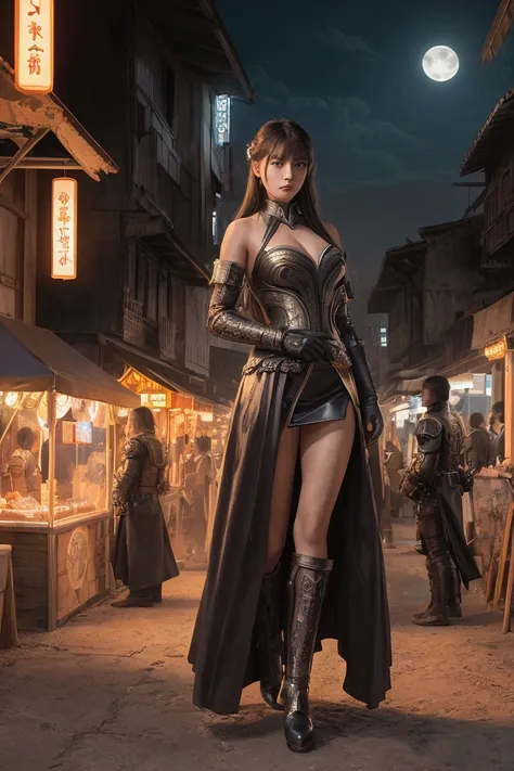 Dim orange moonlight,Dim orange neon lighting, Knight ,Beautiful woman in uniform in the bustling city of Gintama, It is surrounded by many outdoor stalls., Breathtakingly beautiful portrait of a girl like a goddess,  Beautiful Detailed Face ,  Pottery Ski...