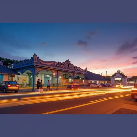 "A nighttime scene of Surakarta (Solo) in Indonesia, showcasing the lively yet peaceful atmosphere of the city. The streets are softly illuminated by warm lights from street lamps and shop windows, casting a cozy glow on the sidewalks. People are seen stro...