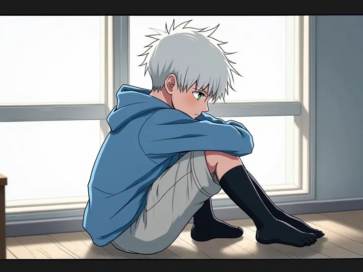 White haired  boy sitting down with black socks showing us