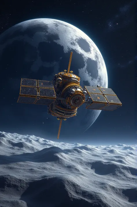 Illustration of ISROs Chandrayaan-2 spacecraft in space with the moon in the background. The spacecraft should be hovering close to the moons surface, surrounded by stars and space debris. The image should have a futuristic, high-tech feel with clear detai...