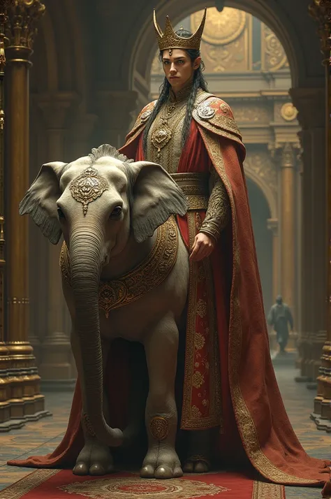 Animals: A horse or elephant, symbolizing royalty and strength, could be subtly included in the background or next to him.

