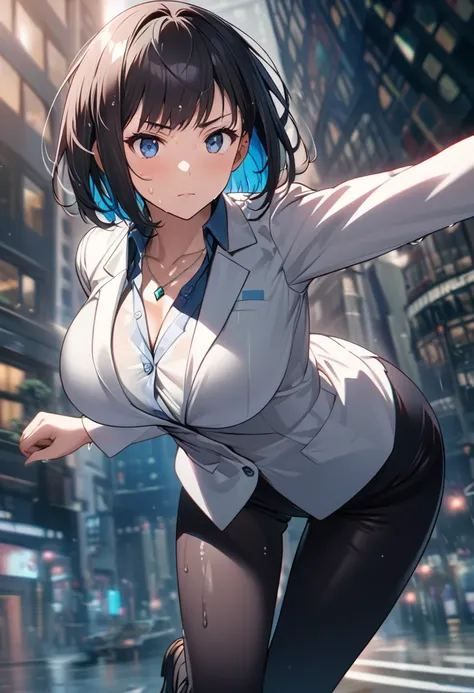 Beautiful girl 、Age 30、Best Quality、Ultra-precision、Detailed drawing、Office District、 acrobatic leap for the camera、Sharpness、White business jacket、slim black slacks、Close to the body、Beautiful big boobs、 bob cut、Vivid colors、 serious look、Slender figure、 ...