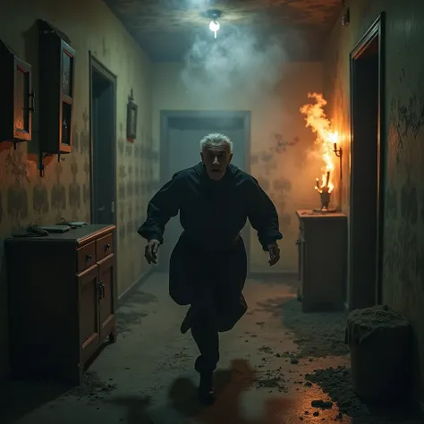 the view from the back in a Russian apartment in the USSR is dirty , fire, candles, smoke,  back view old gray-haired priest exorcist runs away, runs fast 