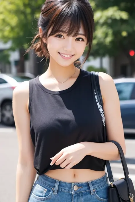  One Japanese Woman 　 cute woman　 shortcuts　front　 upper body　 fashionable clothes　 cute smile　No background