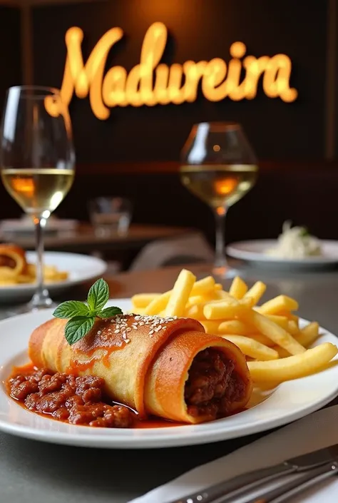 I would like an image of a Bolognese rolled pancake with French fries and a dish served on the table at the Madureira restaurant
I wanted together with the image a sign highlighted by the Madureira restaurant 