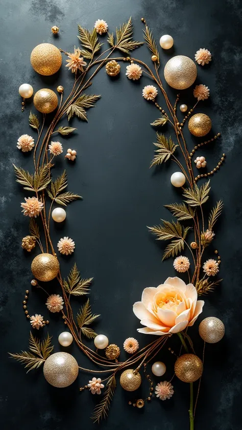 dark glossy reflective gray surface,scattered beads and gold jewelry,a flower with small flowers,top view,photo detailed , realistic