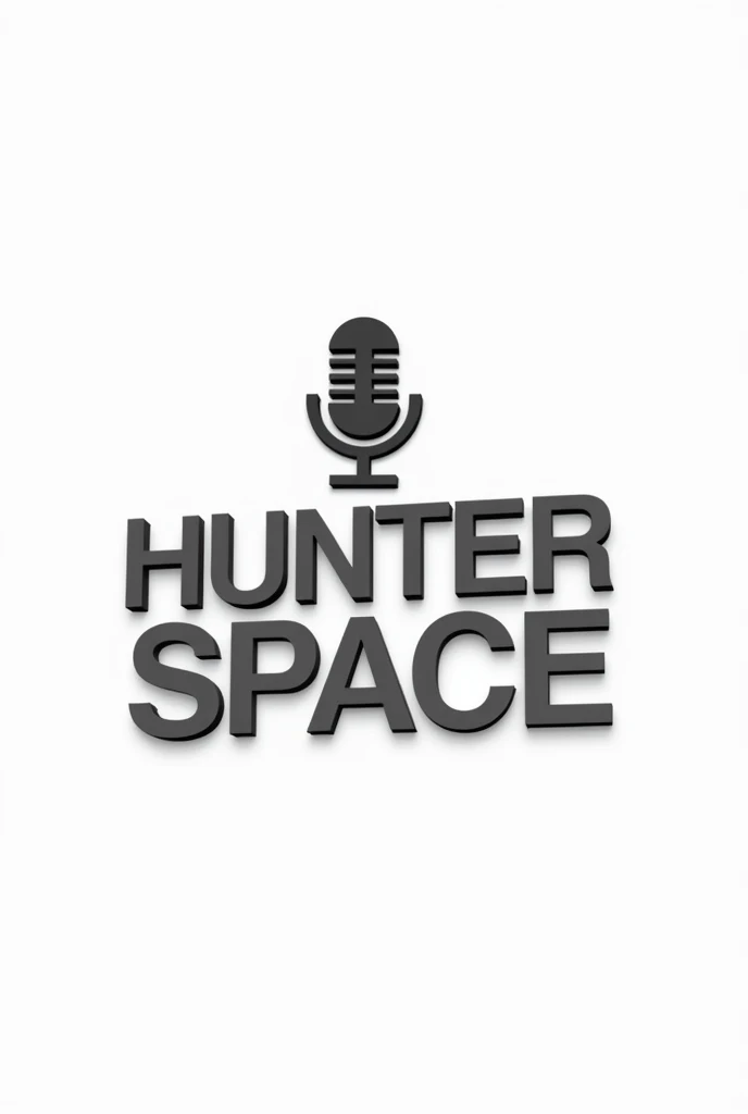 Make a logo channel name “ hunter space” the color background is white and the color of words is black white put some mic on top of words make it 3d