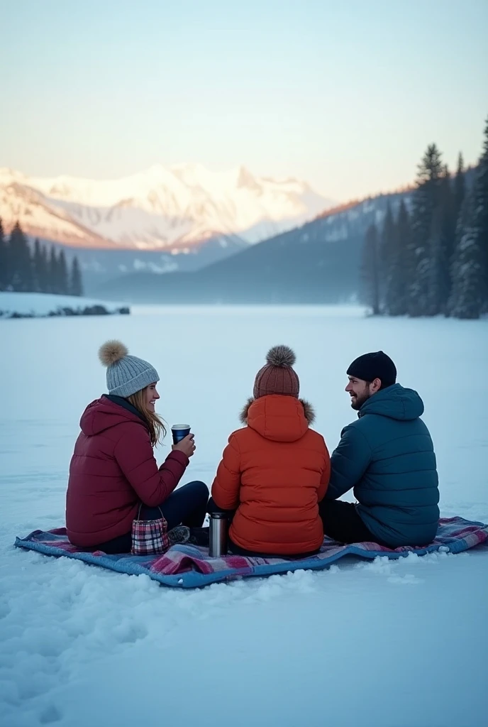  Create a colorful friendly photo of friends hiking on a frozen lake in winter. Show them sitting at rest ,  drinking hot tea from thermoses and enjoying the view .  The photo should be light blue and warm  