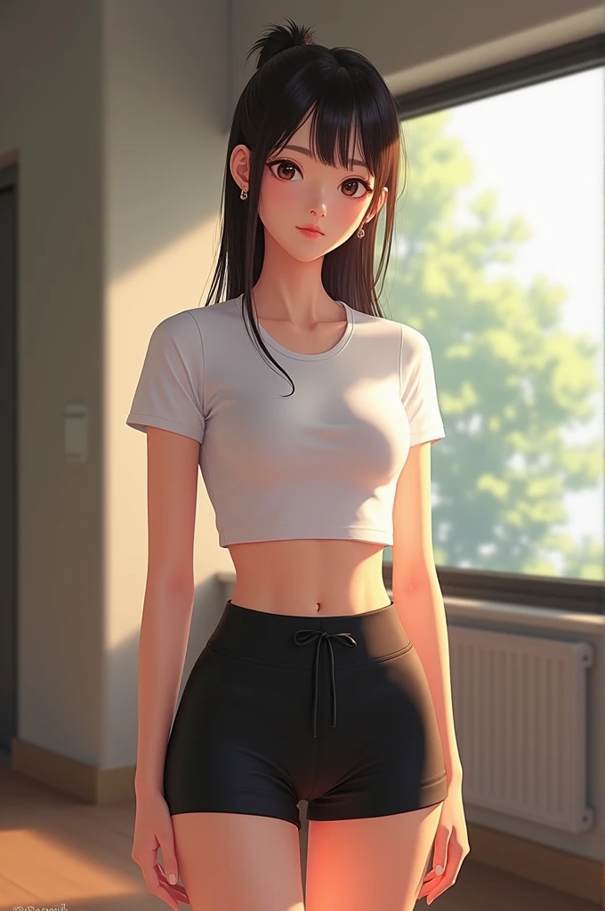 8K masterpiece, Interior background, Young Korean woman, haut blanc t-shirt moulant, bas noire short moulant, style réaliste animation, pose face.