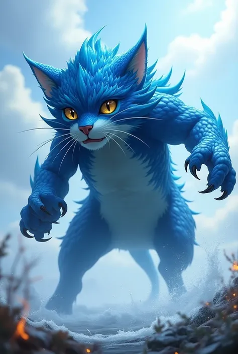 Create a realistic image of a dynamic fighting pose of Igw, a colossal feline hybrid creature that embodies the element of water. Igw should have claws, aqua-patterned fur with bright shades of navy blue and light blue spreading across the screen, and brig...