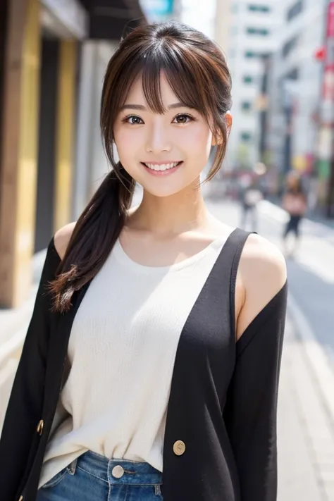  One Japanese Woman 　 cute woman　 ponytail　front　 upper body　 fashionable clothes　 cute smile　No background